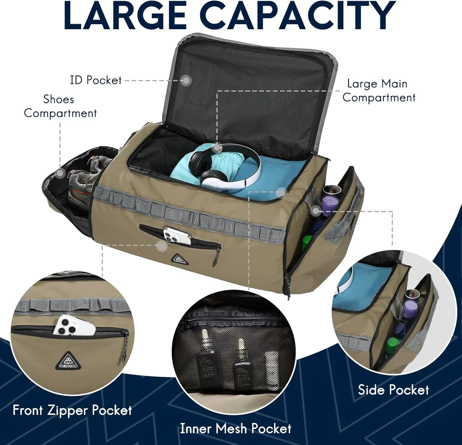 Haimont Duffel Backpack Bag 50L Water Repellent Sports Gym Bag Foldable Men Women with Shoe Compartment for Travel Hiking Camping Outdoor, Upgrade, Khaki