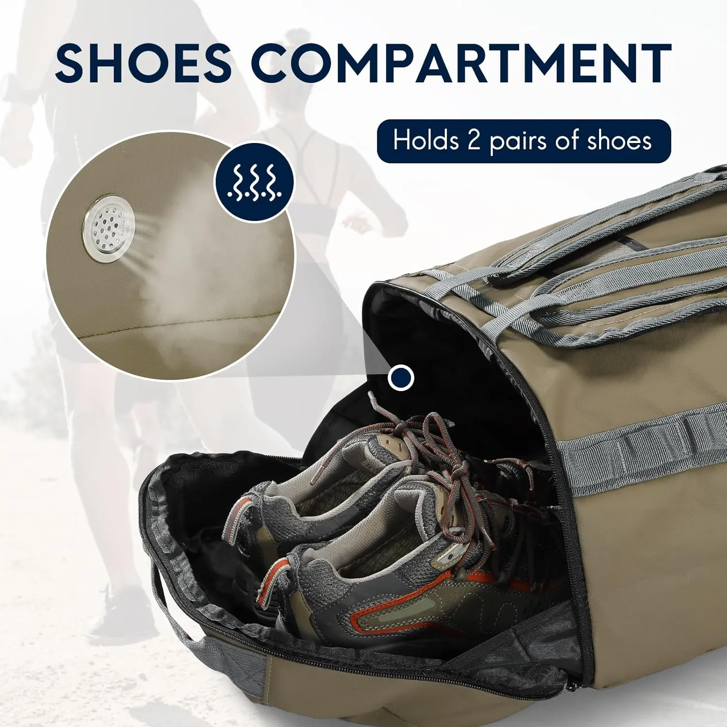 Haimont Duffel Backpack Bag 50L Water Repellent Sports Gym Bag Foldable Men Women with Shoe Compartment for Travel Hiking Camping Outdoor, Upgrade, Khaki