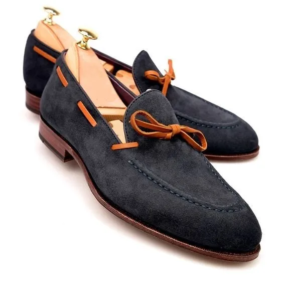 Handmade Black Suede Leather Moccasin Loafer Slip Ons Apron Toe Vintage Shoes