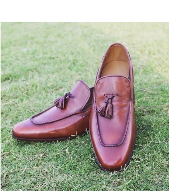Handmade Brown Leather Moccasins for Men with Tassel Detail