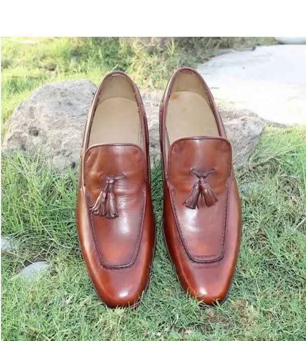 Handmade Brown Leather Moccasins for Men with Tassel Detail