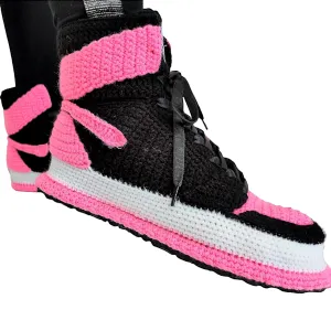 Handmade Jordan-Style Crochet High-Top Sneaker Slippers | Cozy Retro Streetwear | Non-Slip Rubber Sole | Pink & Black | Unisex | Gift-Ready