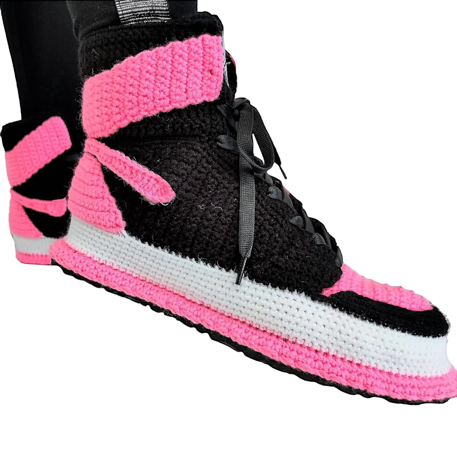 Handmade Jordan-Style Crochet High-Top Sneaker Slippers | Cozy Retro Streetwear | Non-Slip Rubber Sole | Pink & Black | Unisex | Gift-Ready