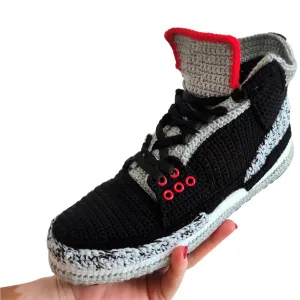Handmade Jordans-Inspired Sneaker Slippers - Retro Black-Cement Collection - AJ3 Cozy Warm Plush Booties - Custom Comfy Plush Shoes - Cozy Kicks Sneaker Slipper - Low-Top Basketball Big Size Sneakers