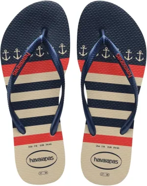 Havaianas for Women - Slim Nautical Flip Flops - Beige/Navy Blue - 9/10