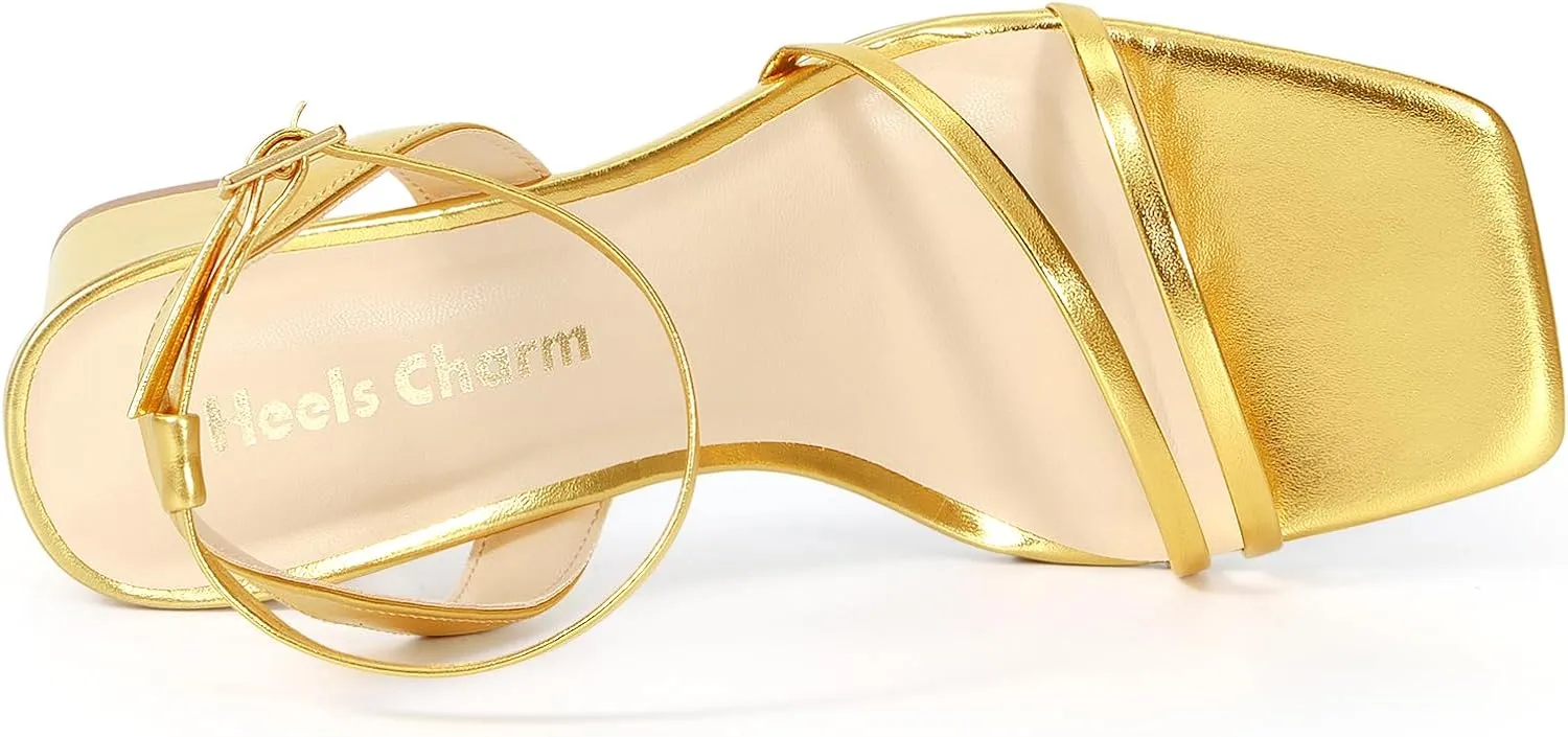 Heels Charm Women's Chunky Block Heeled Sandals 2.95 Inches Open Toe Ankle Strap Block High Heel Sandal Dress Dancing Chunky Sandals Daily Work Party Wedding Shoes