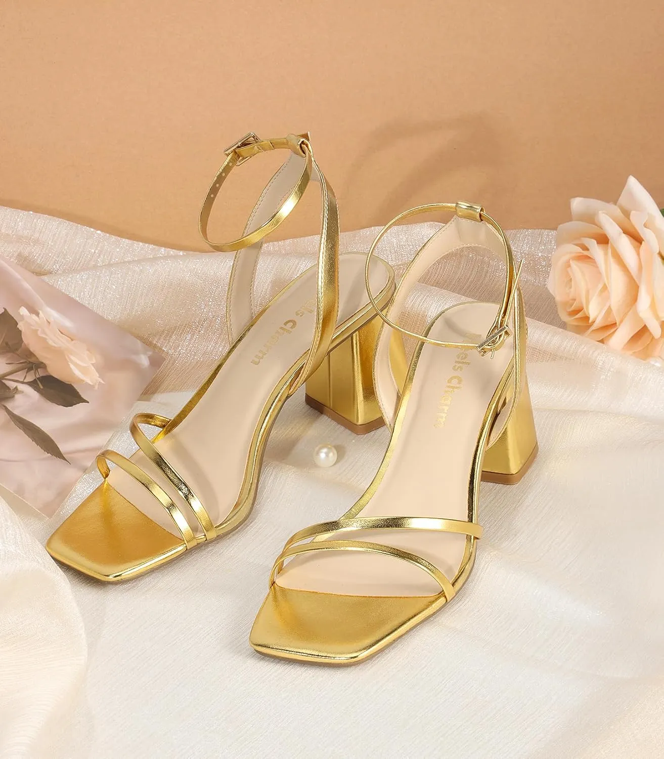 Heels Charm Women's Chunky Block Heeled Sandals 2.95 Inches Open Toe Ankle Strap Block High Heel Sandal Dress Dancing Chunky Sandals Daily Work Party Wedding Shoes