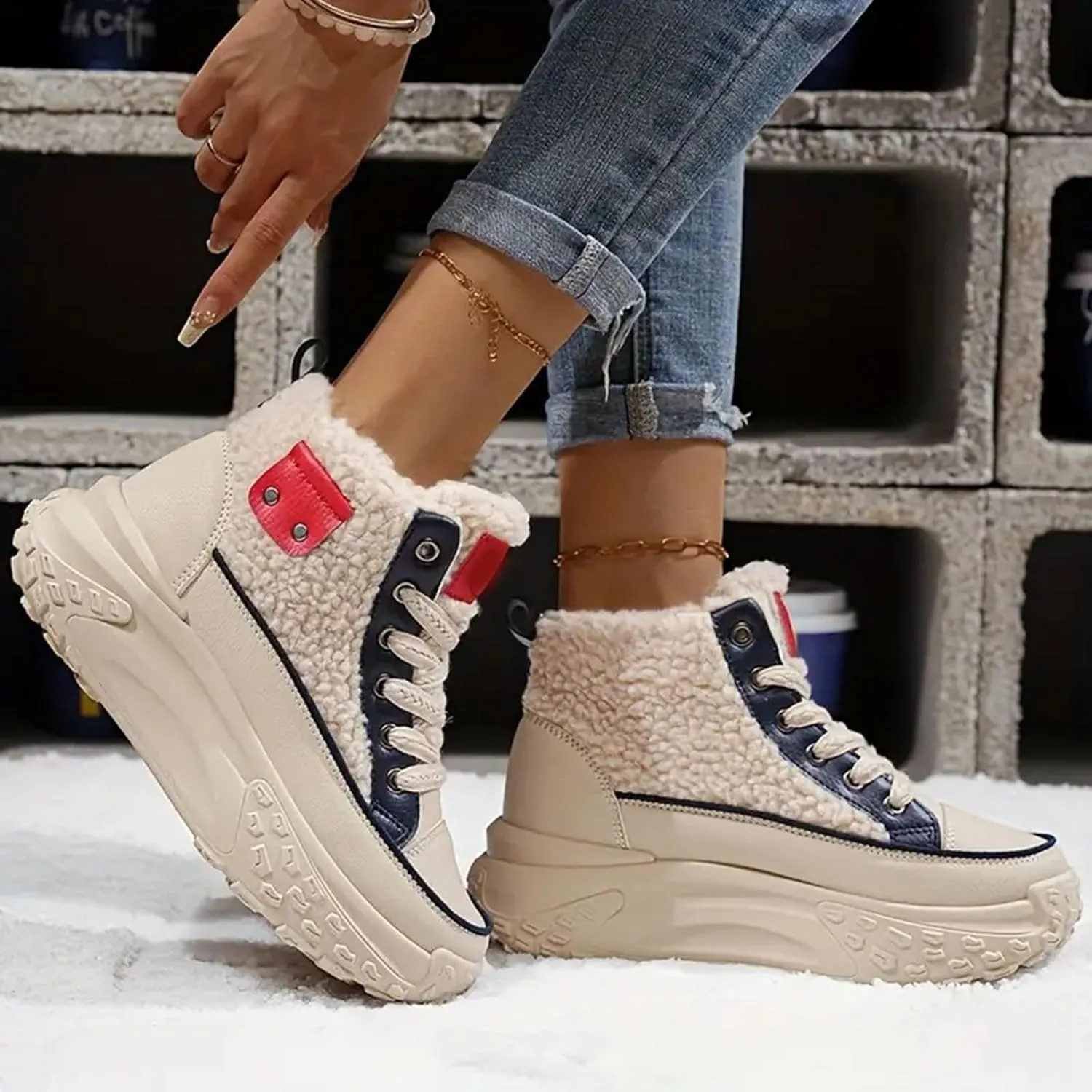 High Top Sneakers for Women Casual Winter Warm Platform Sneakers with Faux Fur Fleece Lining