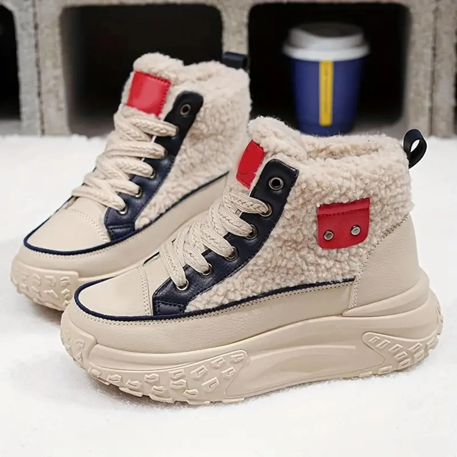 High Top Sneakers for Women Casual Winter Warm Platform Sneakers with Faux Fur Fleece Lining