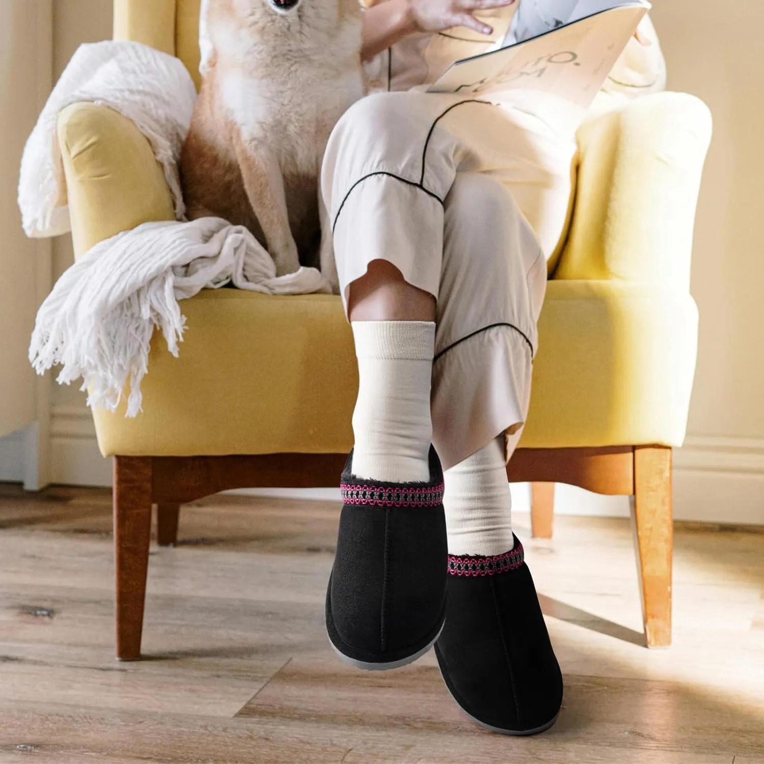 Homitem House Bedroom Slippers for Women Platform Shoes Indoor and Outdoor with Fuzzy Lining Hard Sole Memory Foam Slip on