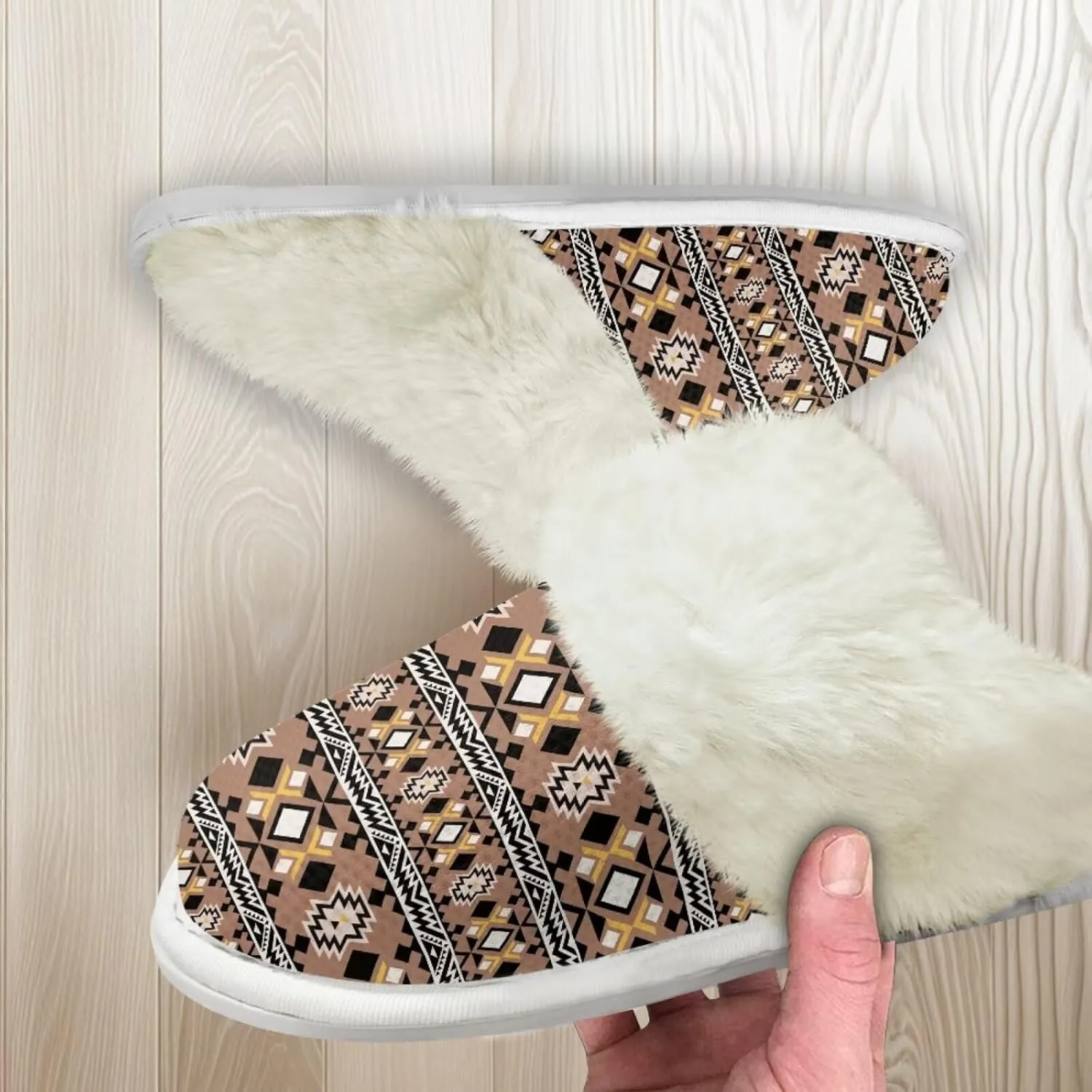 Howilath Western Aztec Fuzzy Slippers Women Warm House Shoes with Anti-Skid Sole Plush Slippers