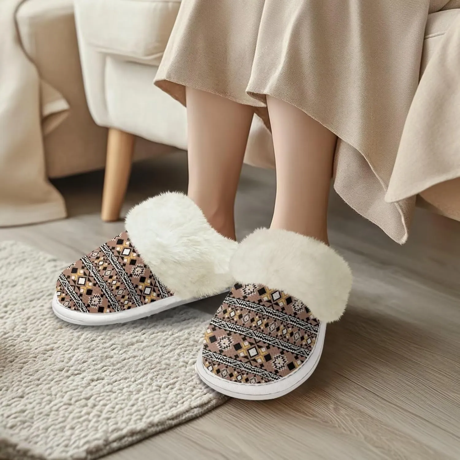Howilath Western Aztec Fuzzy Slippers Women Warm House Shoes with Anti-Skid Sole Plush Slippers