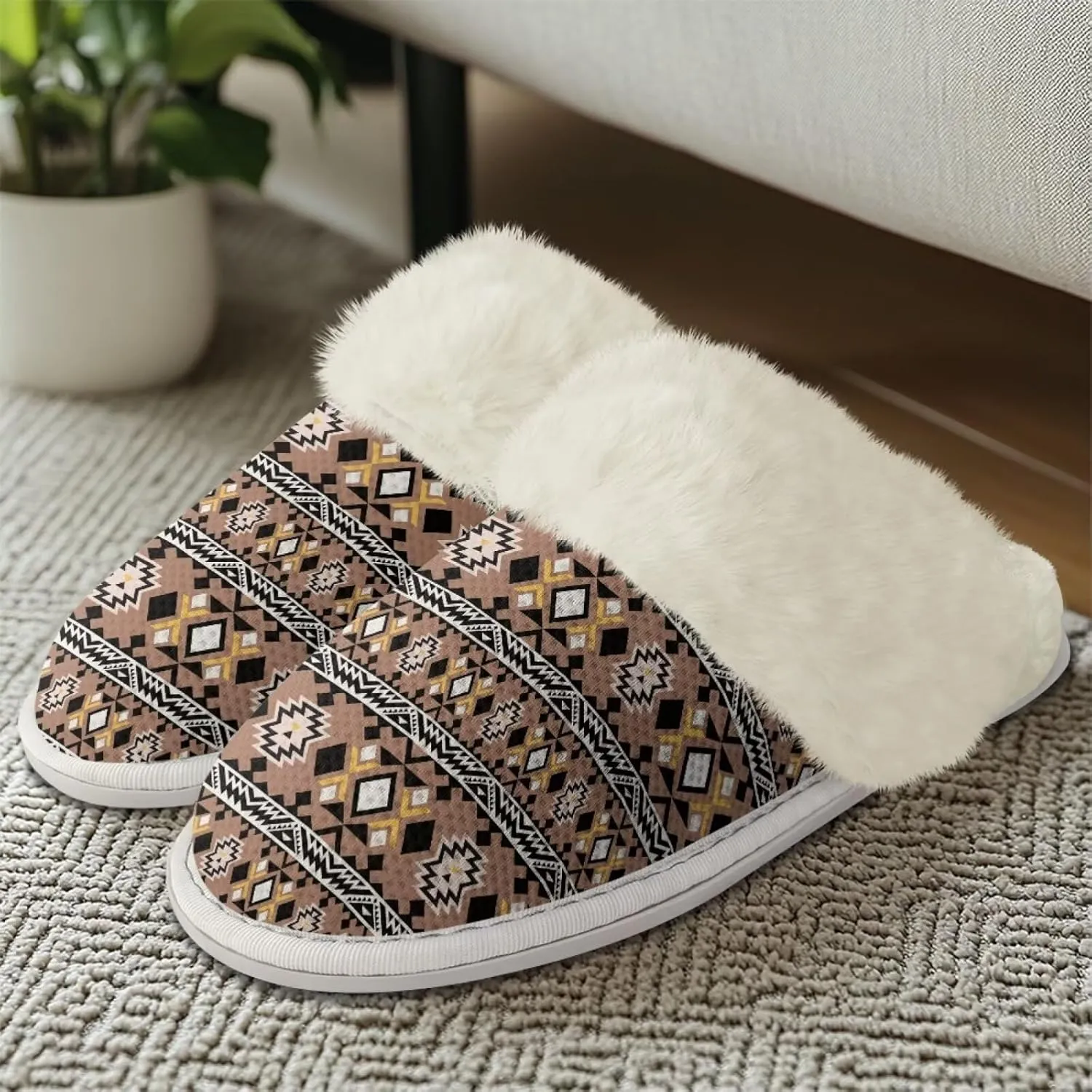 Howilath Western Aztec Fuzzy Slippers Women Warm House Shoes with Anti-Skid Sole Plush Slippers