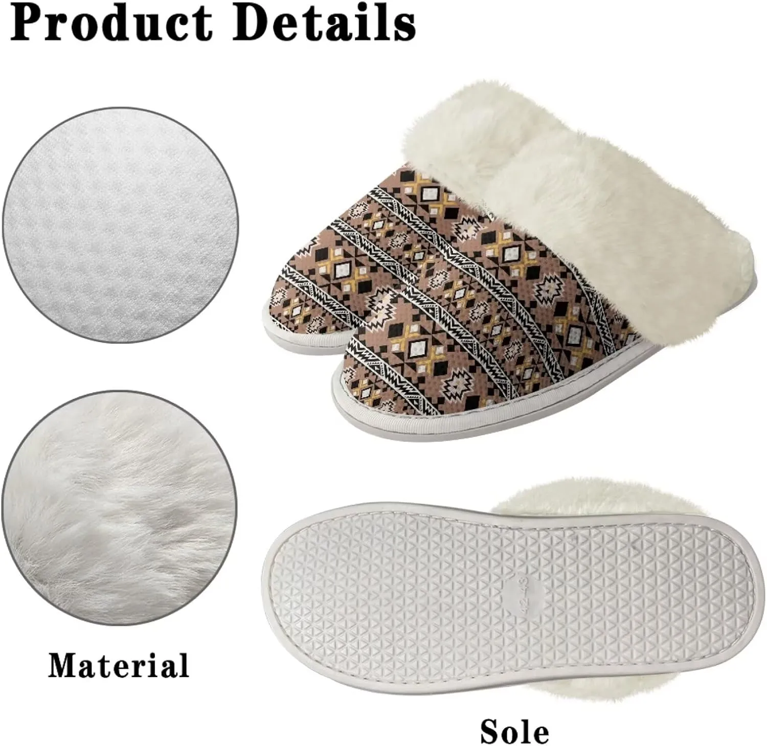 Howilath Western Aztec Fuzzy Slippers Women Warm House Shoes with Anti-Skid Sole Plush Slippers