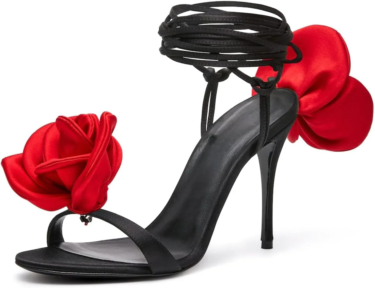 iadore Women's High Heels, 4'' Open Toe Floral Ankle Strappy Lace Up Stiletto Heeled Sandals with Back Flower Party Wedding Date Dress Shoes