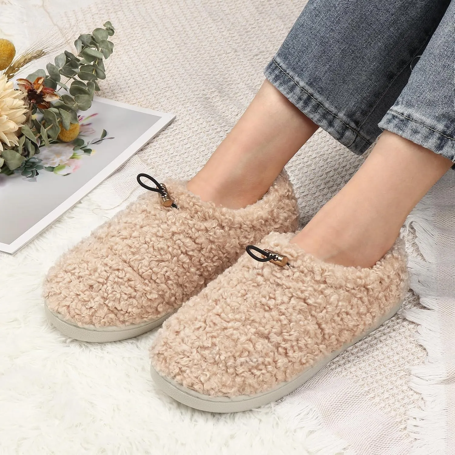 Ibeauti Womens Slippers Memory Foam Fuzzy Loafer Slippers for Indoor Outdoor House Shoes with Drawstring