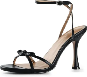 iiimmu Women's Bow Heels 4 IN Stiletto Heeled Sandals for Women Round Open Toe Sandals Elegant Summer Heels Soft PU Leather/Faux Suede