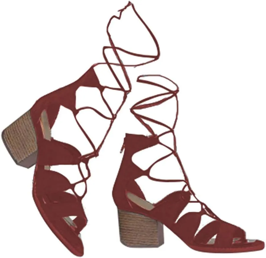 J. Adams Low Wood Heel Lace Up Sandal - Trendy Gladiator Tie Up Shoe - Sexy Suede Chunky Heel - Melly