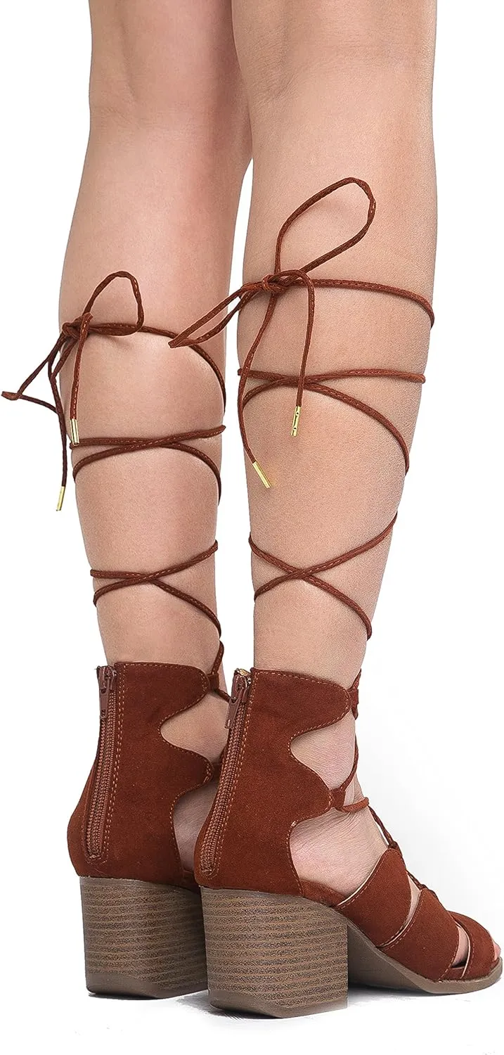 J. Adams Low Wood Heel Lace Up Sandal - Trendy Gladiator Tie Up Shoe - Sexy Suede Chunky Heel - Melly