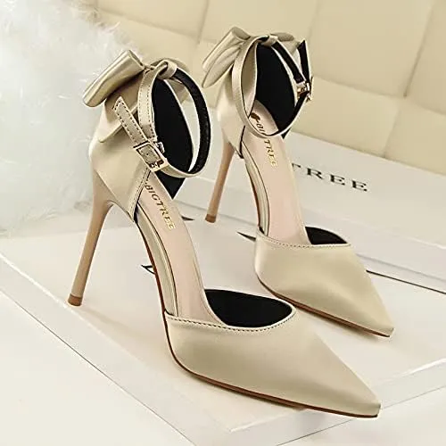 JiangWei Shu Women's High Heel Sandal Satin Bow Knot Pointed Toe Party Shoes