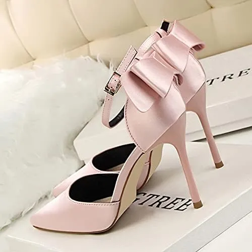 JiangWei Shu Women's High Heel Sandal Satin Bow Knot Pointed Toe Party Shoes