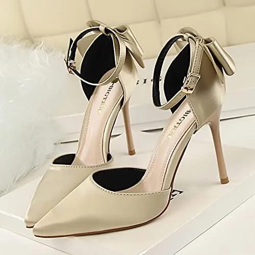 JiangWei Shu Women's High Heel Sandal Satin Bow Knot Pointed Toe Party Shoes