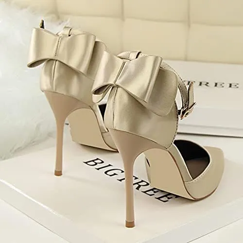 JiangWei Shu Women's High Heel Sandal Satin Bow Knot Pointed Toe Party Shoes