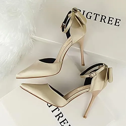 JiangWei Shu Women's High Heel Sandal Satin Bow Knot Pointed Toe Party Shoes