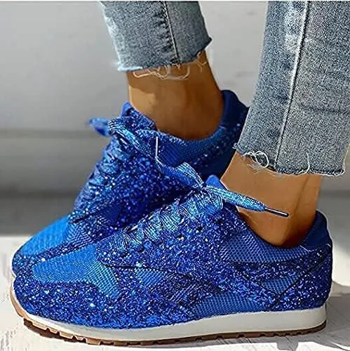 Jonuiony Women's Fashion Casual Breathable Crystal Bling Lace Up Sport Shoes Sneakers
