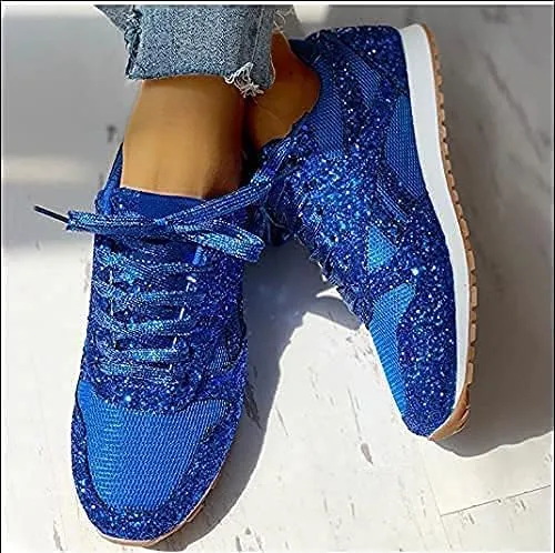 Jonuiony Women's Fashion Casual Breathable Crystal Bling Lace Up Sport Shoes Sneakers