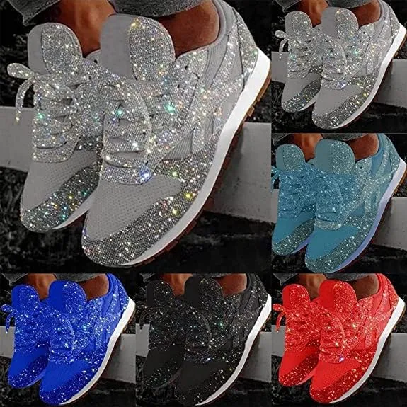 Jonuiony Women's Fashion Casual Breathable Crystal Bling Lace Up Sport Shoes Sneakers