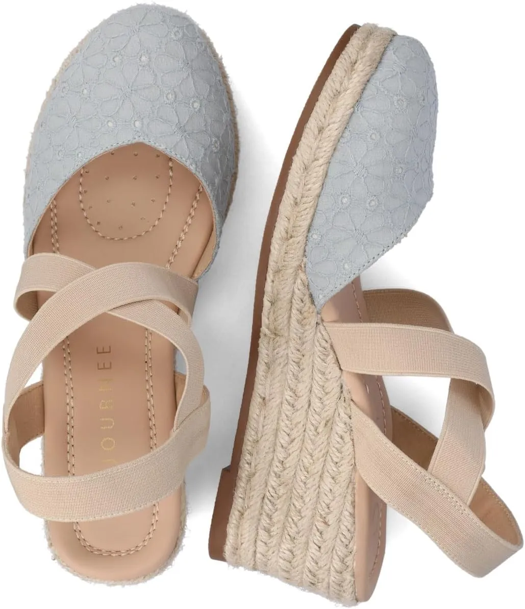 Journee Womens cushioned footbeds Ashlee wedge heel espadrille sandal soft fabric uppers ankle strap sandal round-toe