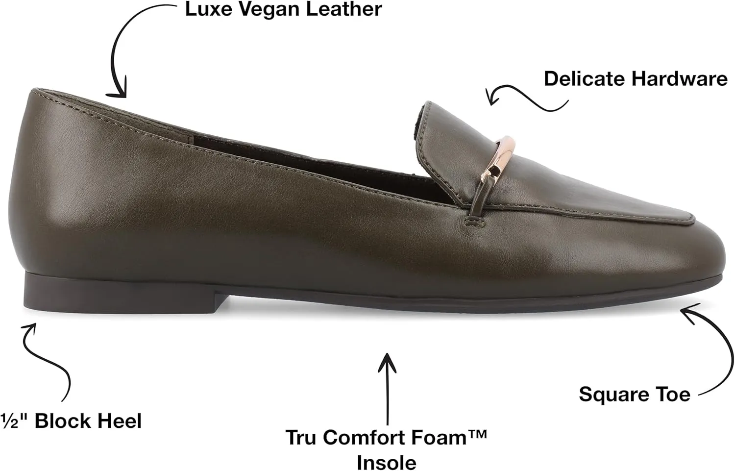Journee Womens Loafer Flat Notched Topline Square Toe Slip-On Block Heel - Wrenn Casual Dress Shoe