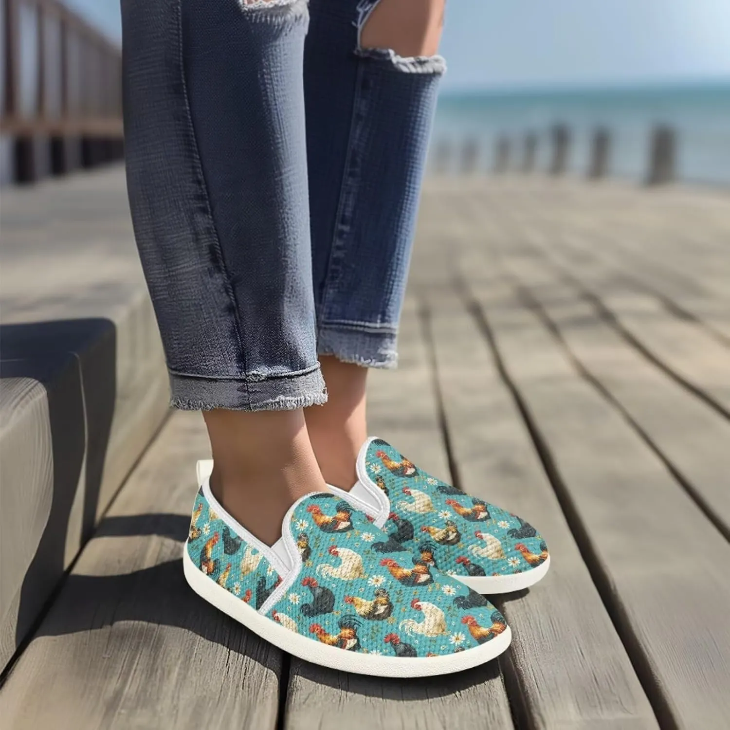 JoyLamoria Women's Ladybug and Daisy Rainbow Print Flats Shoes Leisure Shoes Slip On Work Shoes Comfort Walking Shoes for Travel