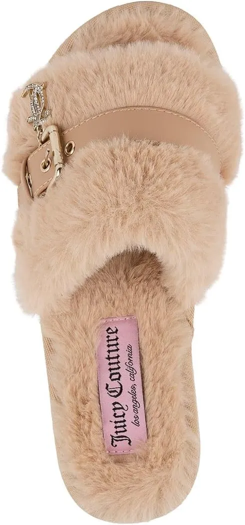 Juicy Couture Women's Plush Faux Fur Slippers – Cozy Open-Toe Slides, Soft Indoor/Outdoor House Shoes