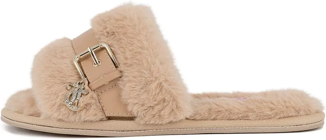 Juicy Couture Women's Plush Faux Fur Slippers – Cozy Open-Toe Slides, Soft Indoor/Outdoor House Shoes