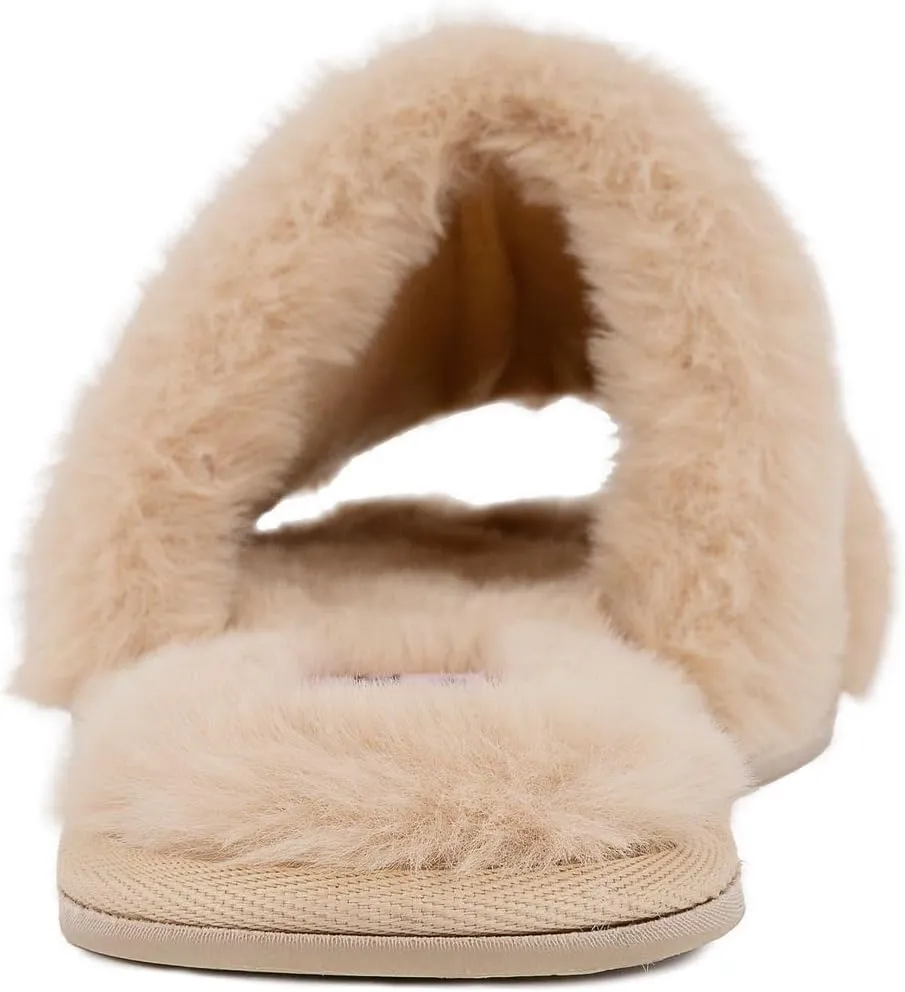 Juicy Couture Women's Plush Faux Fur Slippers – Cozy Open-Toe Slides, Soft Indoor/Outdoor House Shoes