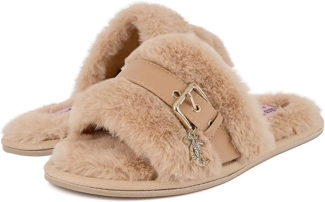 Juicy Couture Women's Plush Faux Fur Slippers – Cozy Open-Toe Slides, Soft Indoor/Outdoor House Shoes