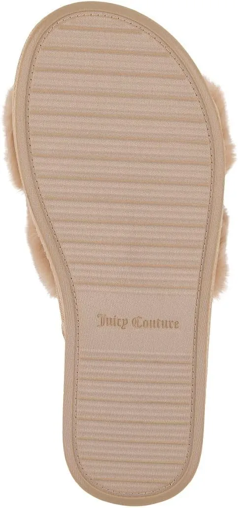 Juicy Couture Women's Plush Faux Fur Slippers – Cozy Open-Toe Slides, Soft Indoor/Outdoor House Shoes