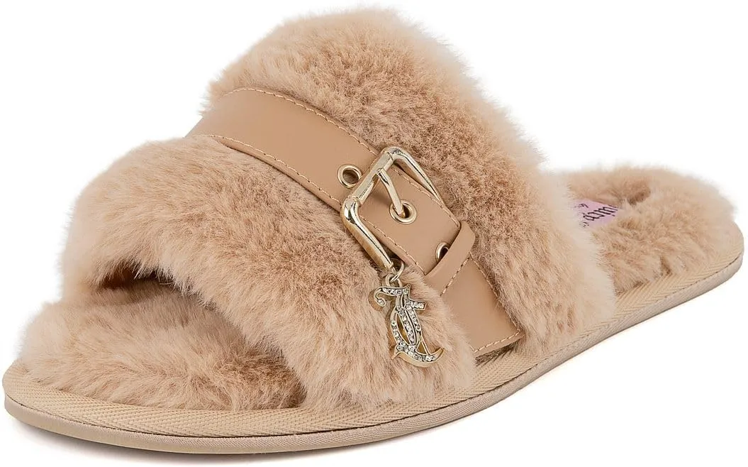 Juicy Couture Women's Plush Faux Fur Slippers – Cozy Open-Toe Slides, Soft Indoor/Outdoor House Shoes