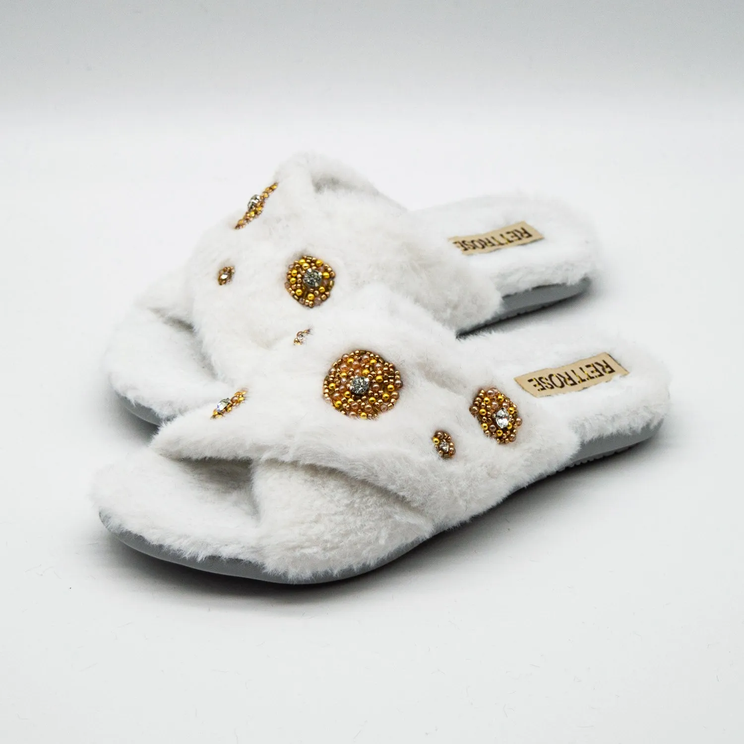 Juliette Cream Luxury Plush Diamanté Embellished Handmade Slipper