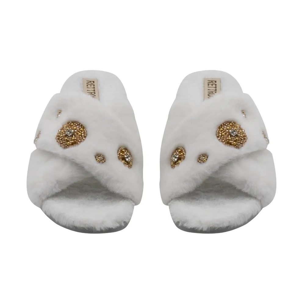 Juliette Cream Luxury Plush Diamanté Embellished Handmade Slipper