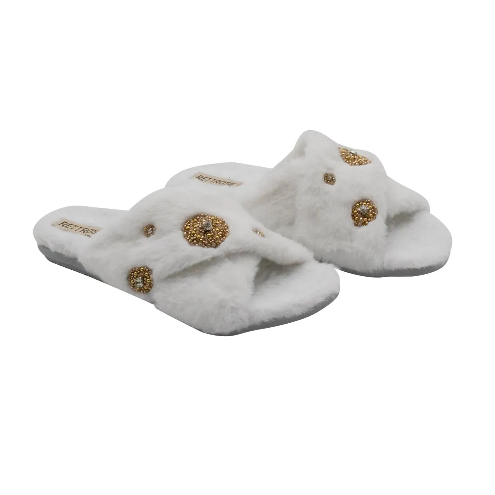 Juliette Cream Luxury Plush Diamanté Embellished Handmade Slipper