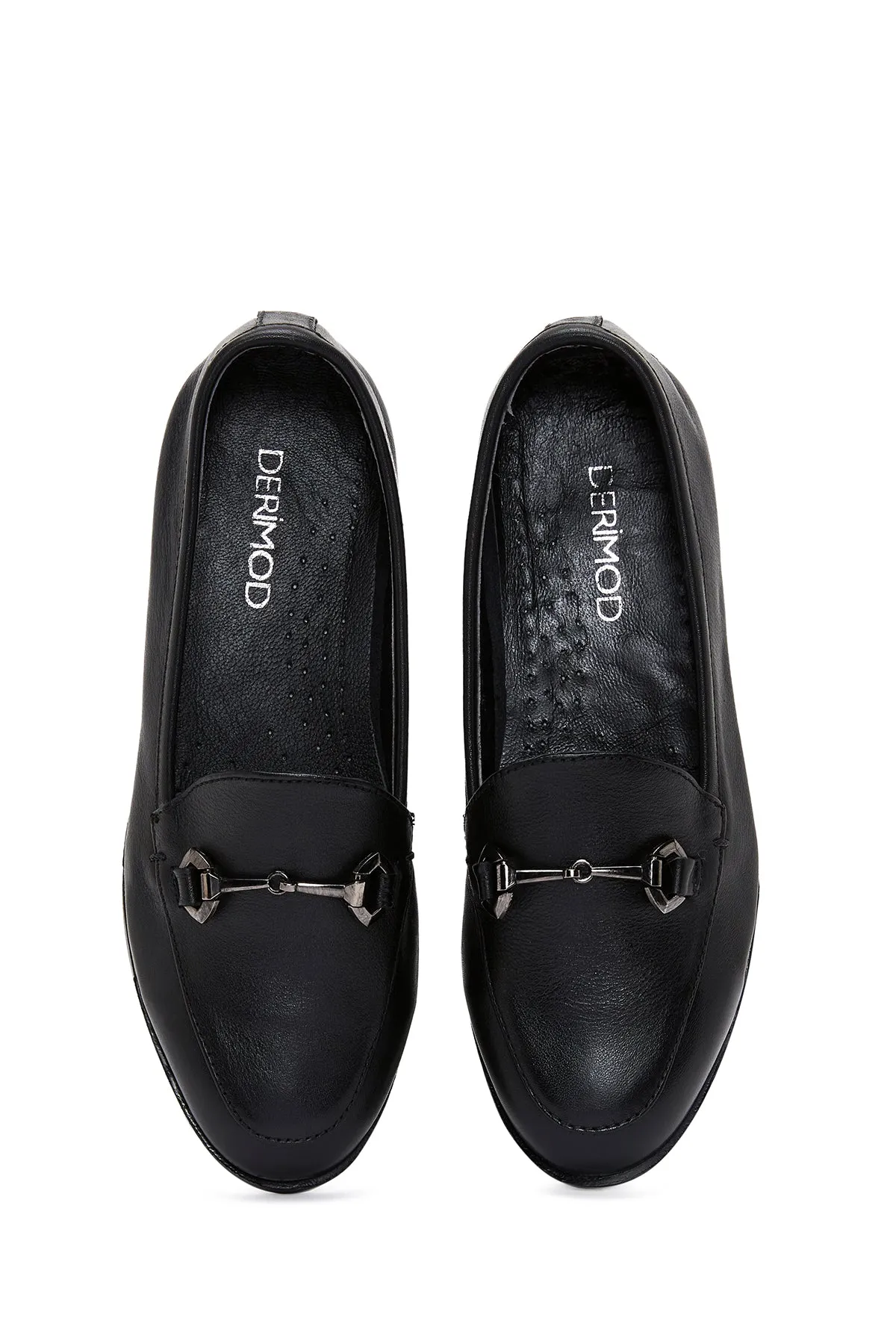 Kadın Siyah Deri Tokalı Klasik Loafer