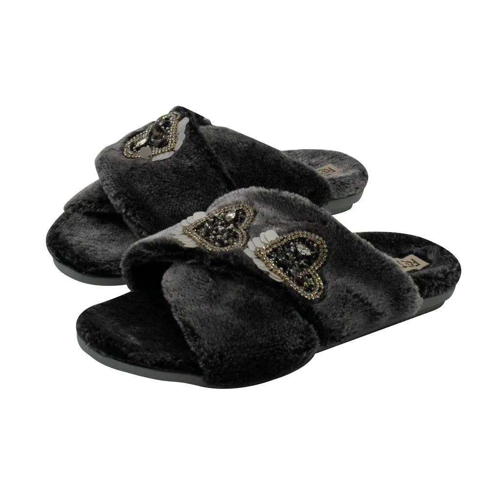 Katie Charcoal Luxury Plush Diamanté Heart Embellished Handmade Slipper