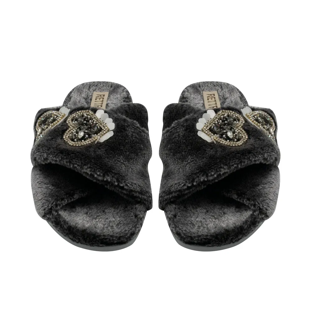 Katie Charcoal Luxury Plush Diamanté Heart Embellished Handmade Slipper