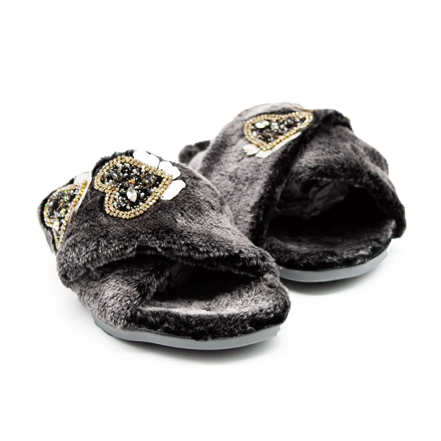 Katie Charcoal Luxury Plush Diamanté Heart Embellished Handmade Slipper