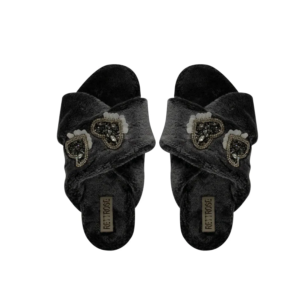 Katie Charcoal Luxury Plush Diamanté Heart Embellished Handmade Slipper