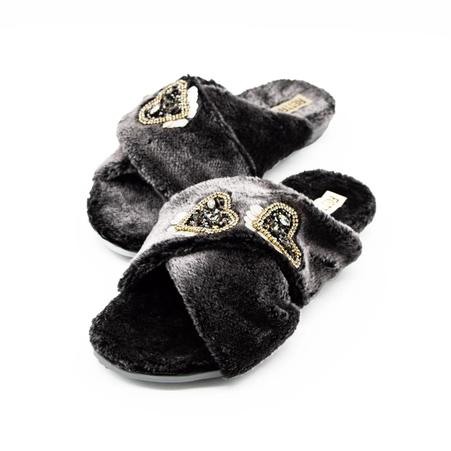 Katie Charcoal Luxury Plush Diamanté Heart Embellished Handmade Slipper