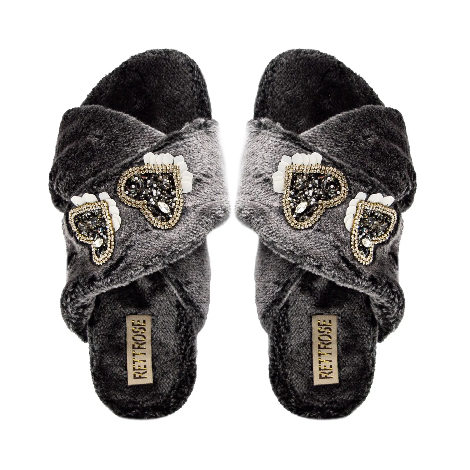 Katie Charcoal Luxury Plush Diamanté Heart Embellished Handmade Slipper